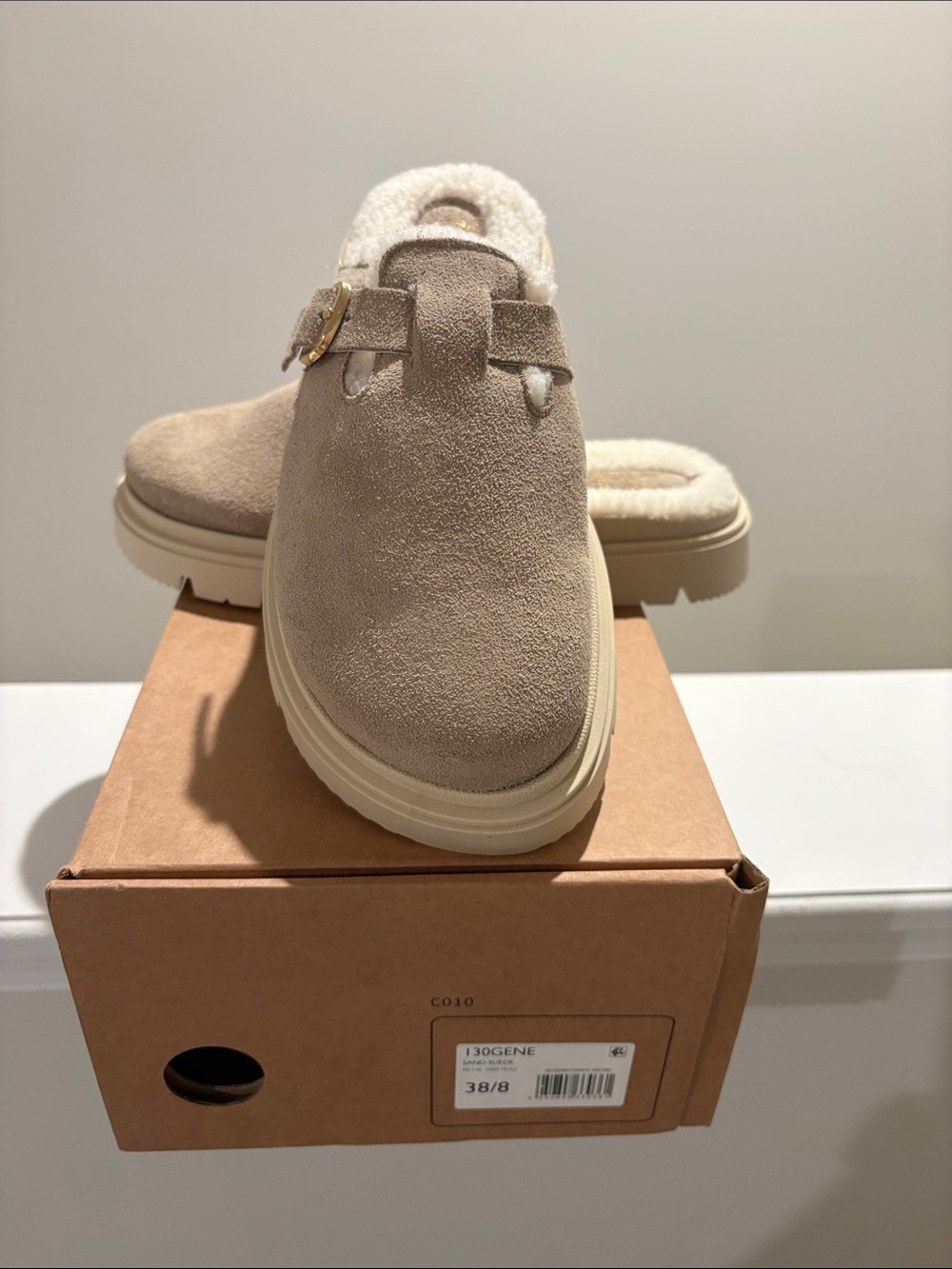 Shearling-Lined Suede Mule in Taupe with Gold Buckle